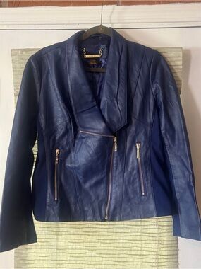 IMAN Navy Blue Leather Zip-Front Jacket